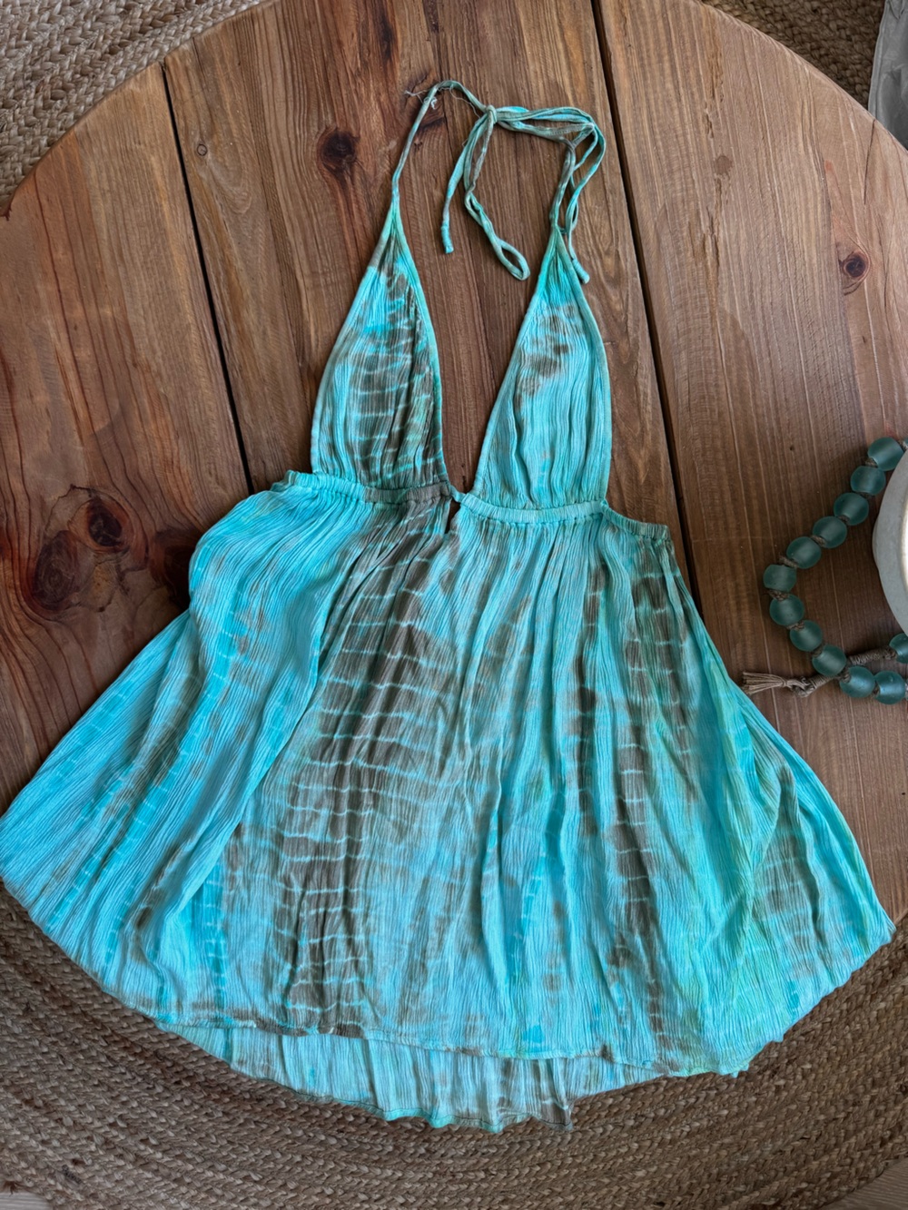 Turquoise Tie-Dye Halter Mini Dress